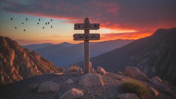 Wooden Signpost on Mountain Peak at Dramatic Sunset with Birds Flying photo