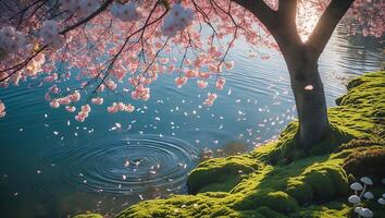 Blooming Tree with Pink Flowers Leaning Over Tranquil Water Spring Scene photo