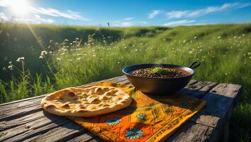 Serving Lentil Soup and Flatbread Outdoors in Natural Setting photo