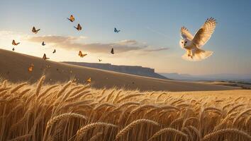 Owl Flying Over Golden Wheat Field with Butterflies at Sunset photo