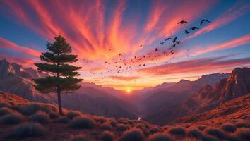 Tree Standing on Hillside with Birds Flying Over Mountain Sunset photo