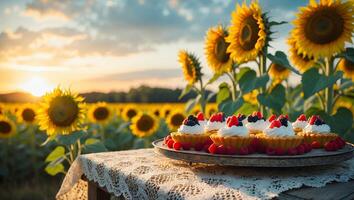 Berry Tartlets on Table in Sunflower Field at Sunset Serenity photo