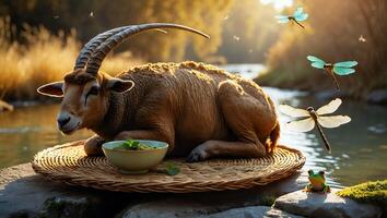 Resting Ram by Riverside with Dragonflies and Frog in Nature photo