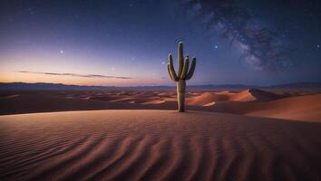 Cactus Standing Tall in Desert Landscape Under a Starry Sky photo