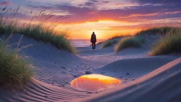 Person Walking Towards Ocean at Colorful Sunset Across Sand Dunes photo