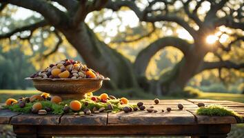 Bowl of Assorted Nuts and Dried Fruit Displayed Outdoors on Table photo