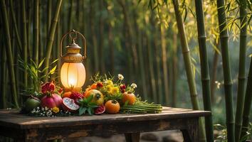 Lantern and Fruits on Rustic Table Amidst Bamboo Forest Backdrop photo