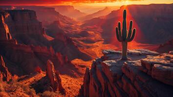 Desert Canyon Landscape with Cactus Silhouette at Sunset Overlook photo