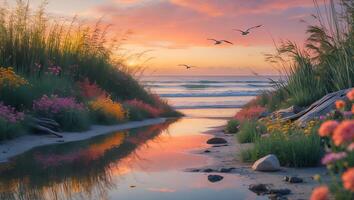 Seascape with Flowers and Birds at Sunset Reflecting in Water photo