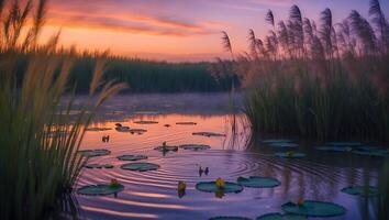 Pond at Sunset with Lily Pads and Reeds Reflecting Sky photo