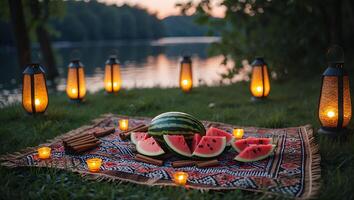 Watermelon Picnic with Lanterns by the Lake at Dusk photo