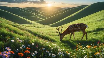 Deer Grazing in a Blooming Meadow at Sunset with Rolling Hills photo