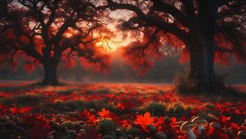 Enchanting Autumn Scene Two Majestic Trees Field of Red Leaves photo