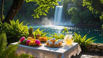Waterfall Table Setting with Tropical Fruit and Refreshing Beverage photo