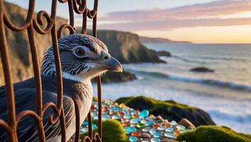 Bird Watching the Ocean Sunset Through a Decorative Iron Gate photo