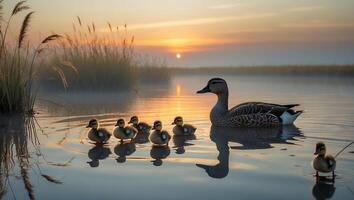 Duck and Ducklings Swimming in Calm Water at Sunset photo