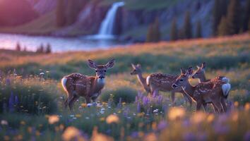 Deer Family Grazing in Colorful Meadow Near a Tranquil Waterfall photo