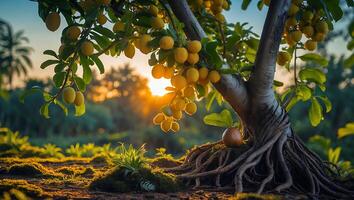 Fruit Tree Bearing Ripe Yellow Fruits in a Garden at Sunset photo
