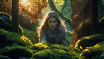 Woman Lying on Mossy Ground in Forest with Sunlit Backdrop photo
