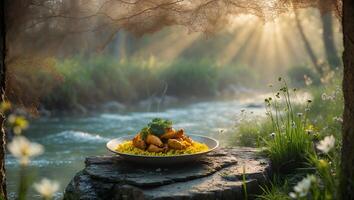 Chicken and Rice Dish Served Outdoors Near Flowing River photo