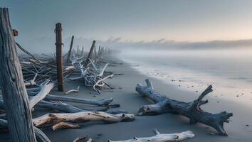 Driftwood and Posts on Misty Beach Shoreline with Calm Water photo