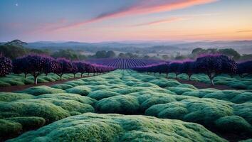 Lavender Field at Dawn with Rows of Plants and Colorful Sky photo