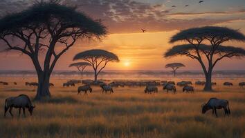 Wildebeest Grazing in Grassy Field at Sunset with Acacia Trees photo