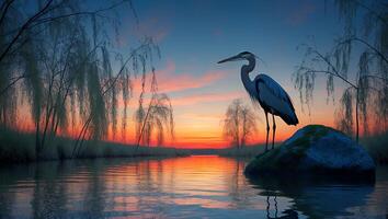 A heron stands on a rock in the water at sunset photo