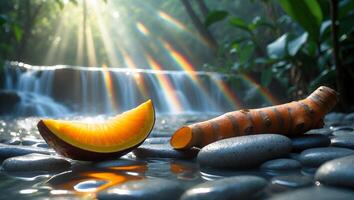 Placing Orange Slice and Root Vegetable on Smooth Stones by Waterfall photo