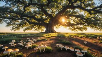Large Tree with Mushrooms at Sunset in an Open Grassy Field photo