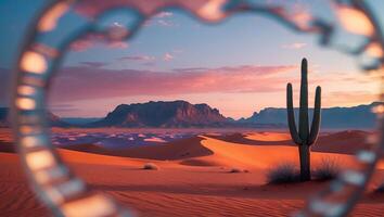 Cactus Standing in Desert at Sunset with Mountain Backdrop photo