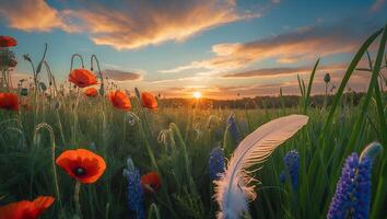 Poppy Field and Feather at Sunset Nature Scene Serene Meadow photo
