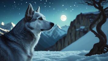 Dog Staring at Full Moon in Snowy Mountain Winter Landscape photo