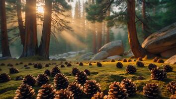 Pine Cones Scattered on Forest Floor with Sunlight Streaming Through Trees photo