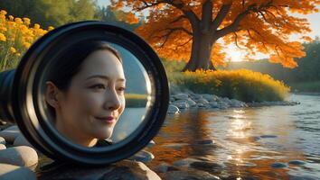 Woman Reflecting in Camera Lens at River with Autumnal Landscape photo