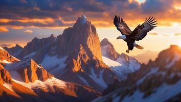 Eagle Soaring Over Snowy Mountains During Colorful and Warm Sunset photo