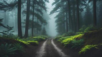 Walking the Foggy Forest Path with Green Ferns and Tall Trees photo