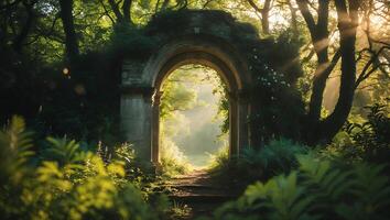 Stone Archway Entrance Leading Into Bright Green Forest Landscape photo