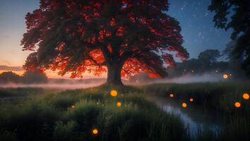 Glowing Tree and Fireflies at Dusk in Mystical Landscape photo