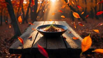 Bowl of Pasta on Rustic Table with Autumn Leaves Falling photo