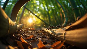Ants Marching Across Bamboo Forest Floor at Sunset with Bright Sunlight photo