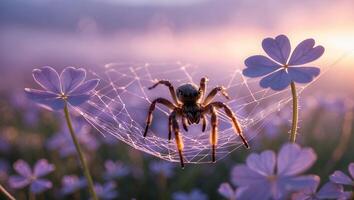 Spider on Web Among Wildflowers at Sunset Capturing the Moment photo