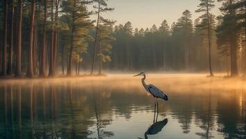 Heron Standing in Calm Lake with Foggy Forest Reflection photo