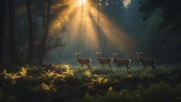 Deer Standing in Forest Glade Bathed in Golden Sunlight photo