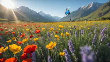 Flying Butterfly Over Colorful Meadow with Mountain Backdrop and Sunlight photo