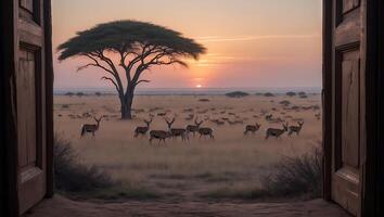 Antelope Herd Grazing at Sunset Seen Through an Open Door photo