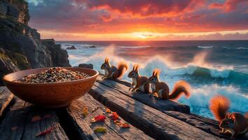 Squirrels Observing Sunrise Over the Ocean Near a Bowl of Food photo