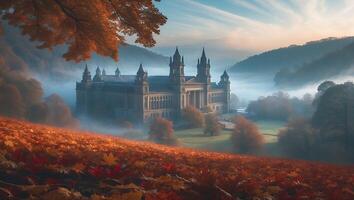 Majestic Building Emerges From Autumn Fog in Scenic Landscape photo