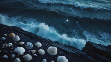 Seashells on Rocky Shoreline with Crashing Waves Under Moonlight photo