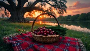 Cherries and Chives in Basket on Picnic Blanket at Sunset photo